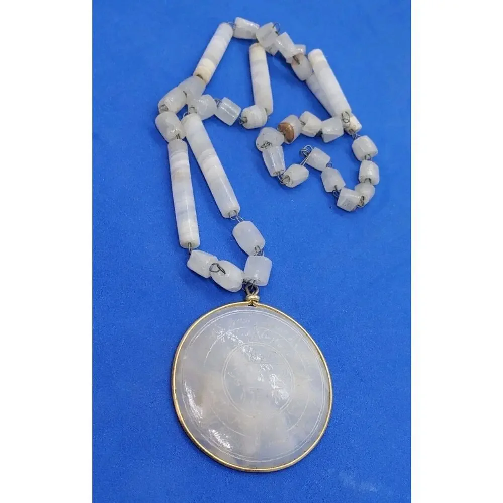 Vintage Necklace Pendant Medallion Myan Sun God Carved Quartz Beaded Chain Gem